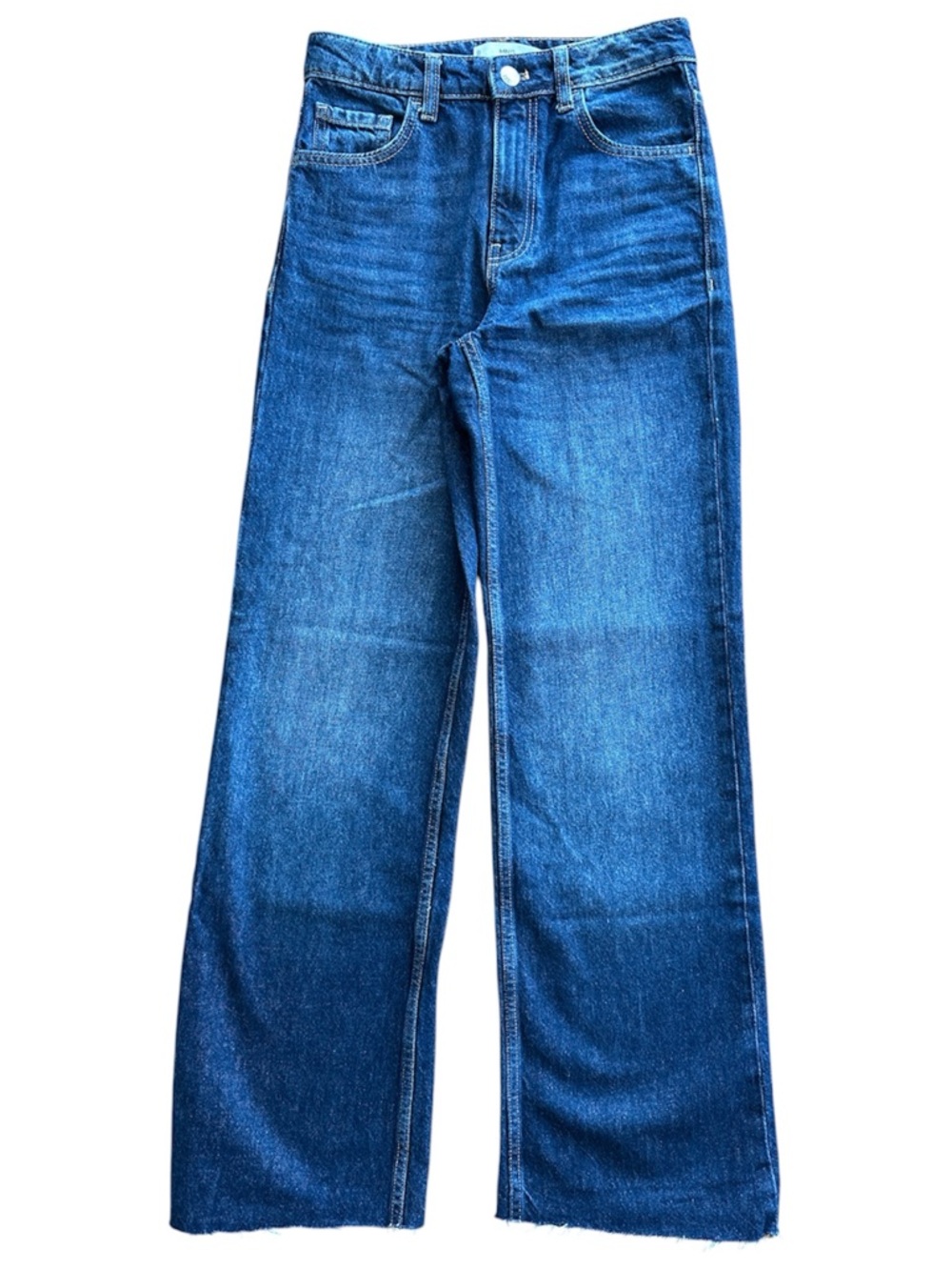 Mango Wide Leg Raw Edge Distressed Hem Blue Denim Jeans Casual Summer Classic